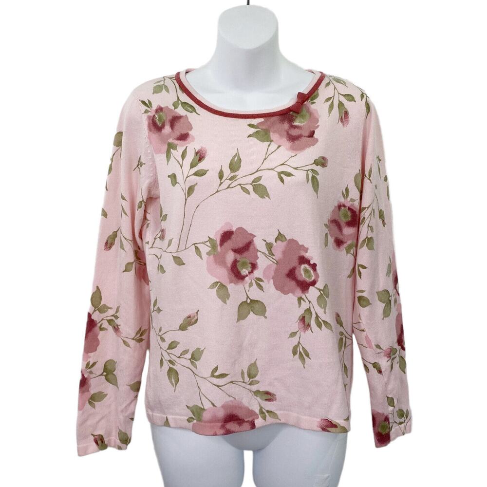 Emma James Women's Sweater Size M‎ Pink Roses Floral Bow Accent Long Sleeved